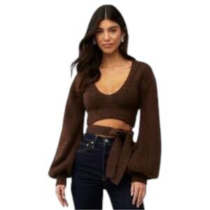 For Love & Lemons Amelia Crop Sweater Brown Tie Waist Balloon Sleeves NWT S
